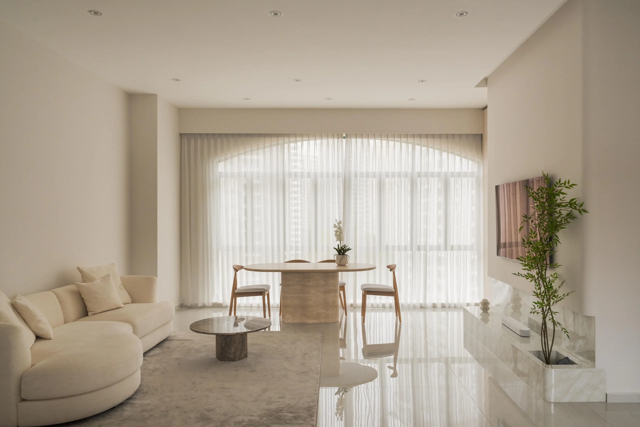 Minimalist house interior living room with open space and soft neutral palette