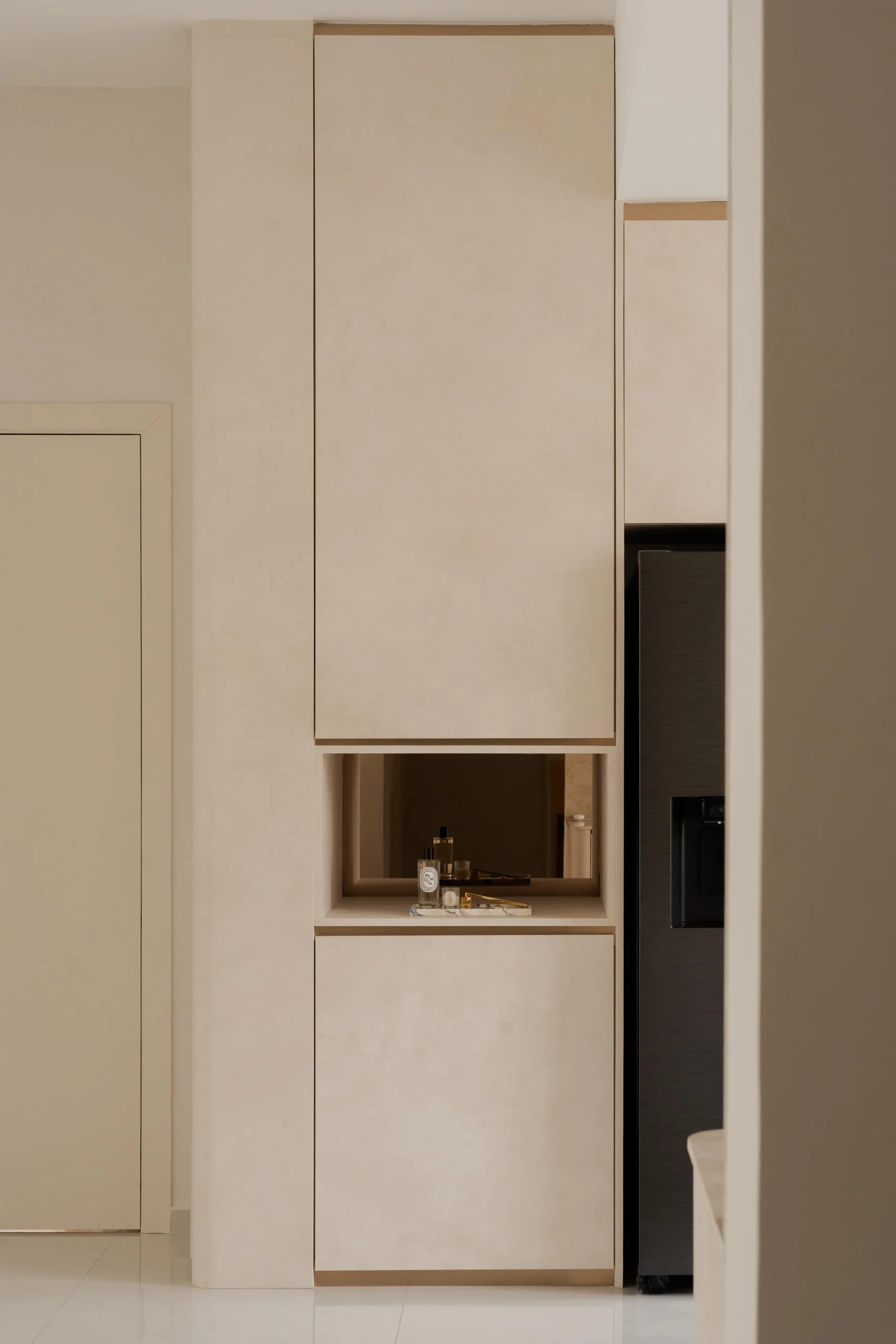 Minimalist coffee corner with compact setup and functional shelving
